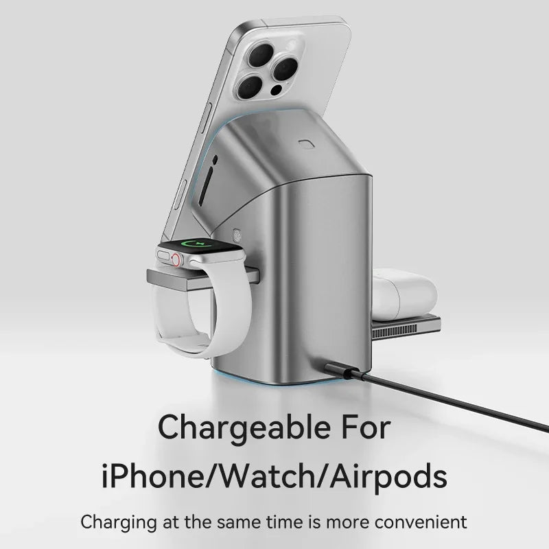 Cargador Inalámbrico 3 en 1 Qi2 con Rotación Automática y Carga Rápida de 15W – Para iPhone, Apple Watch y AirPods