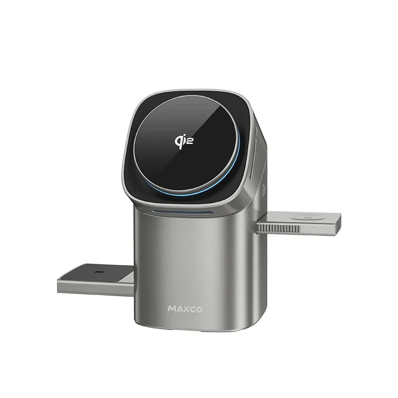 Cargador Inalámbrico 3 en 1 Qi2 con Rotación Automática y Carga Rápida de 15W – Para iPhone, Apple Watch y AirPods
