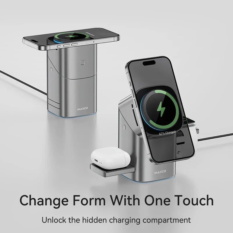 Cargador Inalámbrico 3 en 1 Qi2 con Rotación Automática y Carga Rápida de 15W – Para iPhone, Apple Watch y AirPods