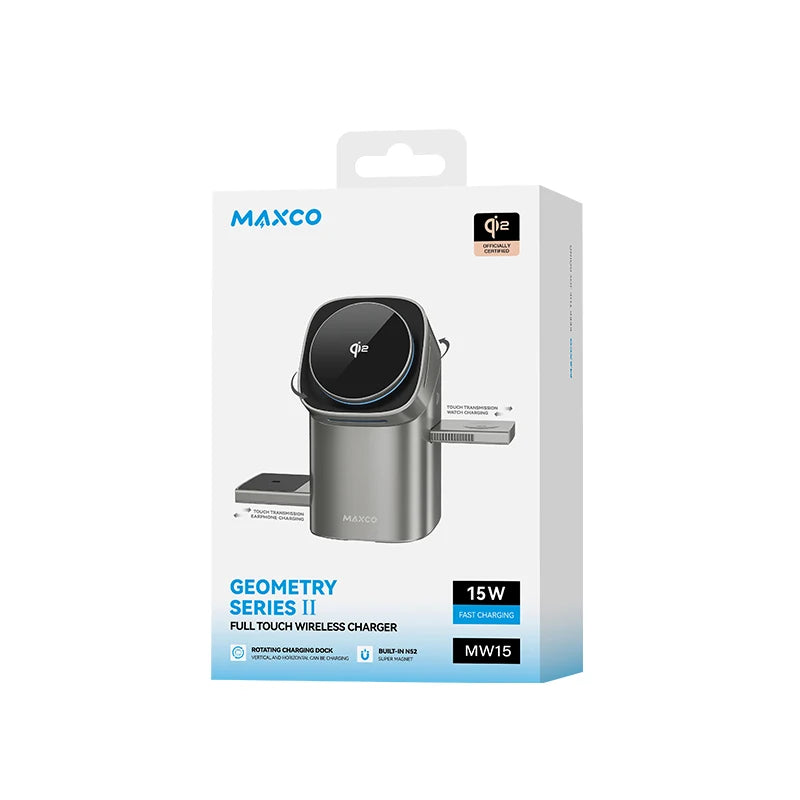 Cargador Inalámbrico 3 en 1 Qi2 con Rotación Automática y Carga Rápida de 15W – Para iPhone, Apple Watch y AirPods